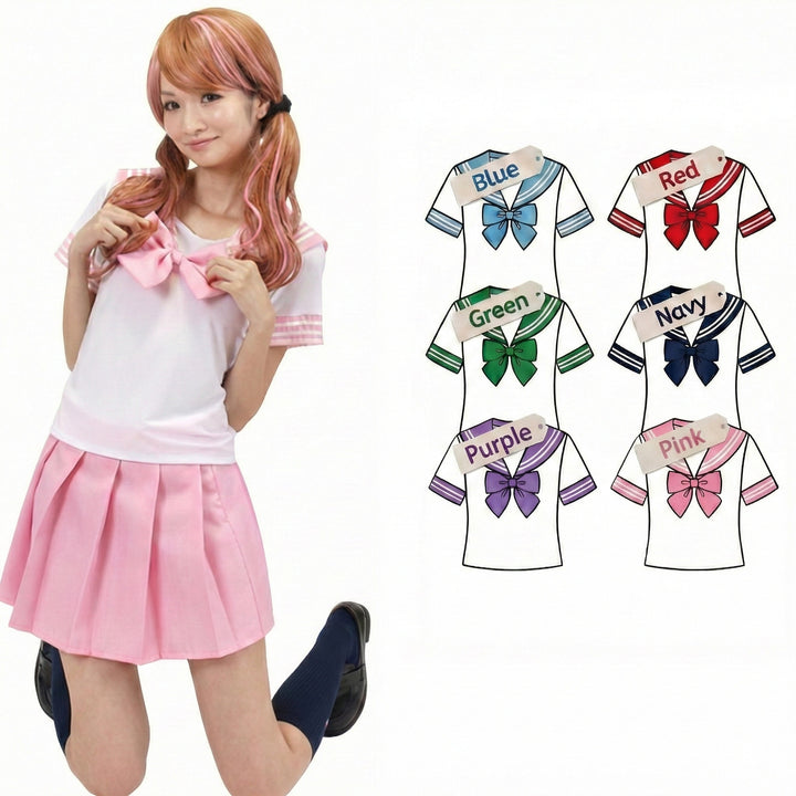 コスプレ 衣装 半袖 セーラー服 上下セット パープル ピンク Sサイズ 大きなリボンが可愛い！半袖セーラー服 コスプレ衣装 (全6色)｜女子